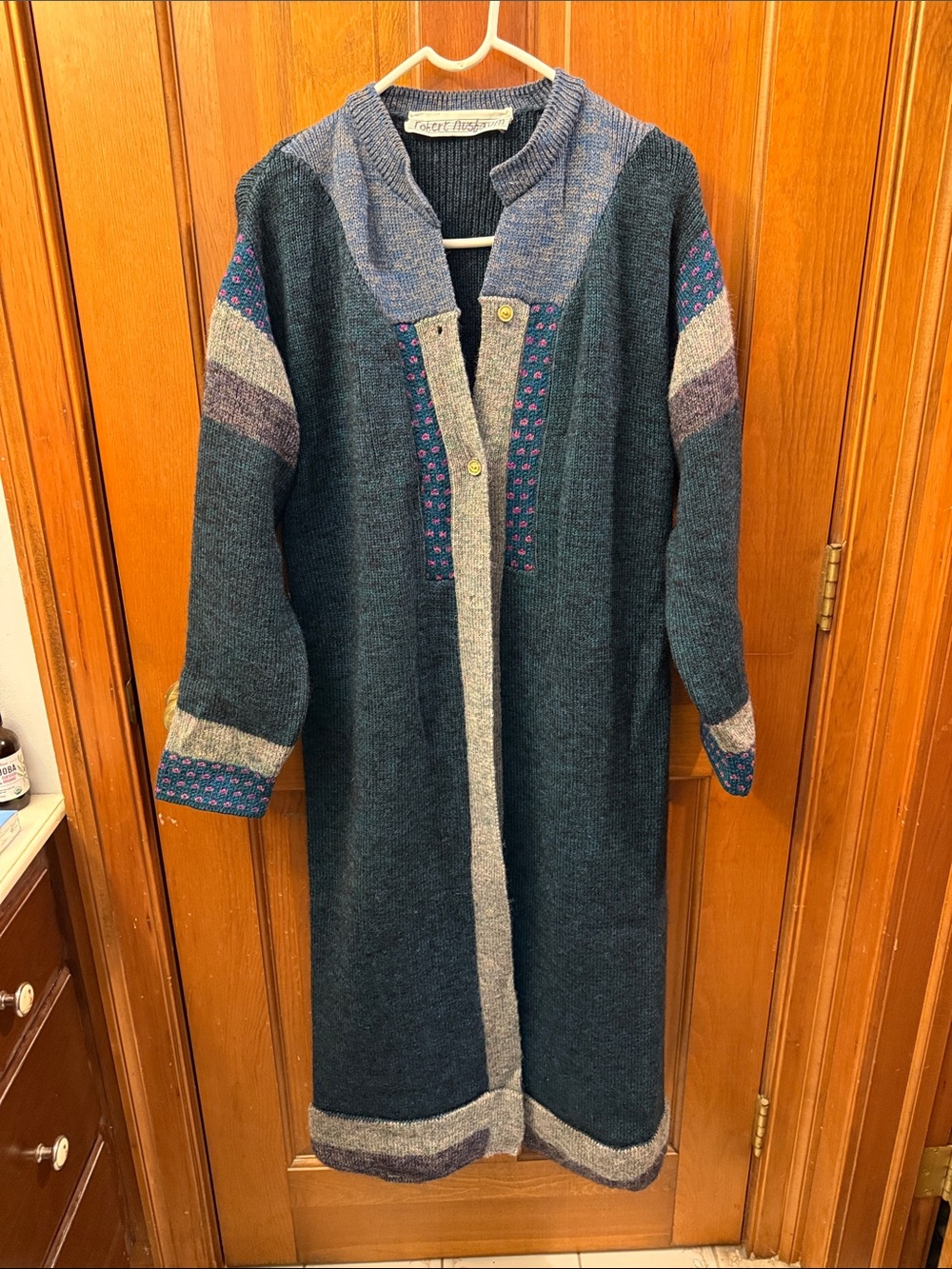 Long Teal Knit Women's Cardigan with Contrasting Trim